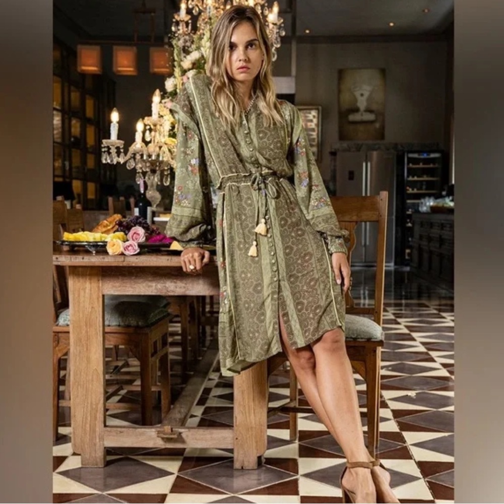 Tulle & Batiste Floral Play Dress Green Boho Peasant Tassel Tie Waist